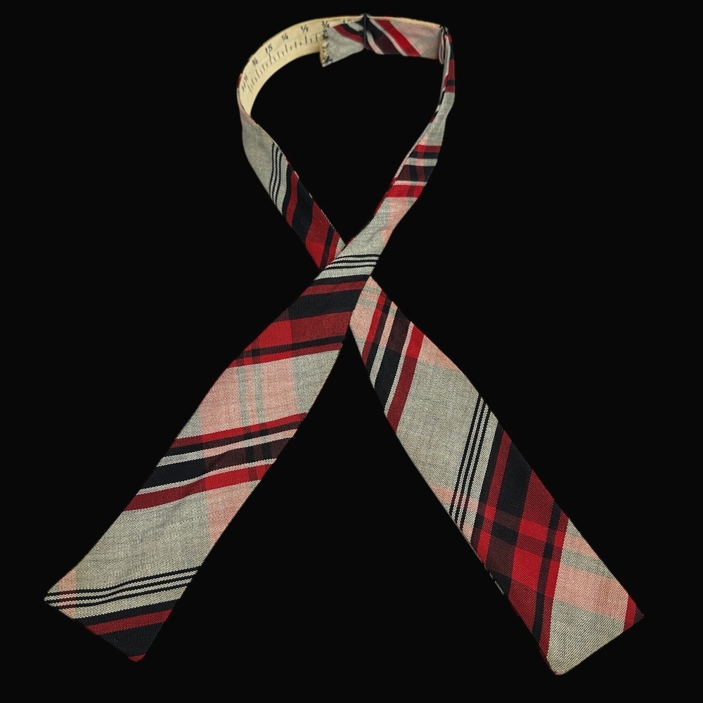 Vintage Panama Cloth Durene Yarn Bow‎ Tie Red Black Grey Plaid Untied Mens